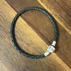 Pandora Black Braided Leather Bracelet – Sterling Silver Barrel Clasp